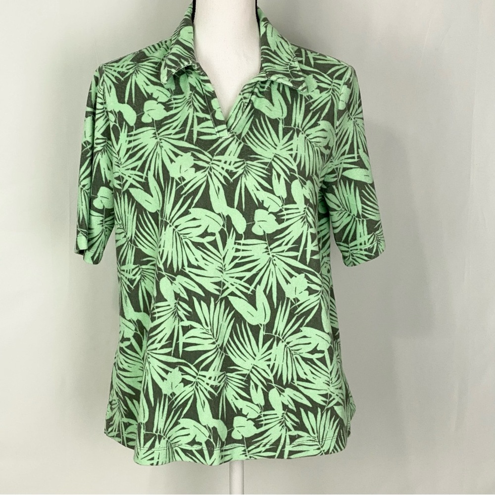 Land's End Women's French Terry Palm Print Short Sleeve Polo Shirt Sz Med